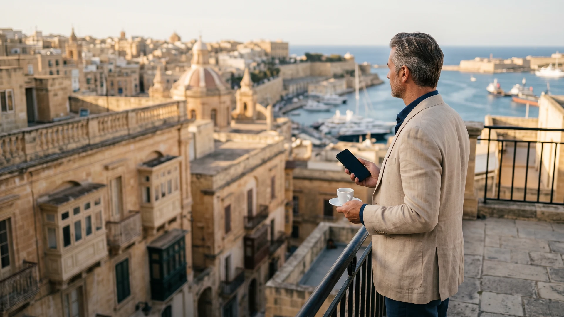 Internationally mobile professional on a sunlit Valletta terrace weighing Malta non-dom versus special tax status options.