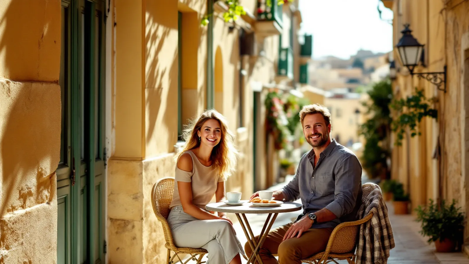 A woman and a man smile at the camera from a café table on a sunlit limestone side street in Malta.