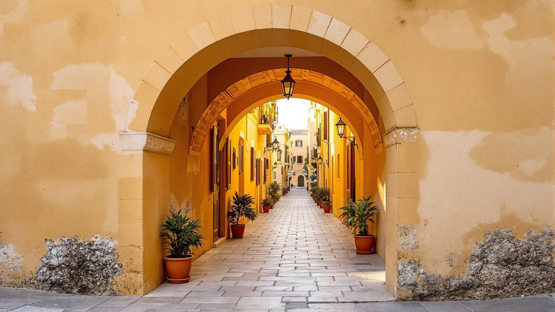 A weathered limestone doorway in a quiet Maltese village street, morning light falling across the facade, a long road visible beyond. Arrival, permanence, choice of path.