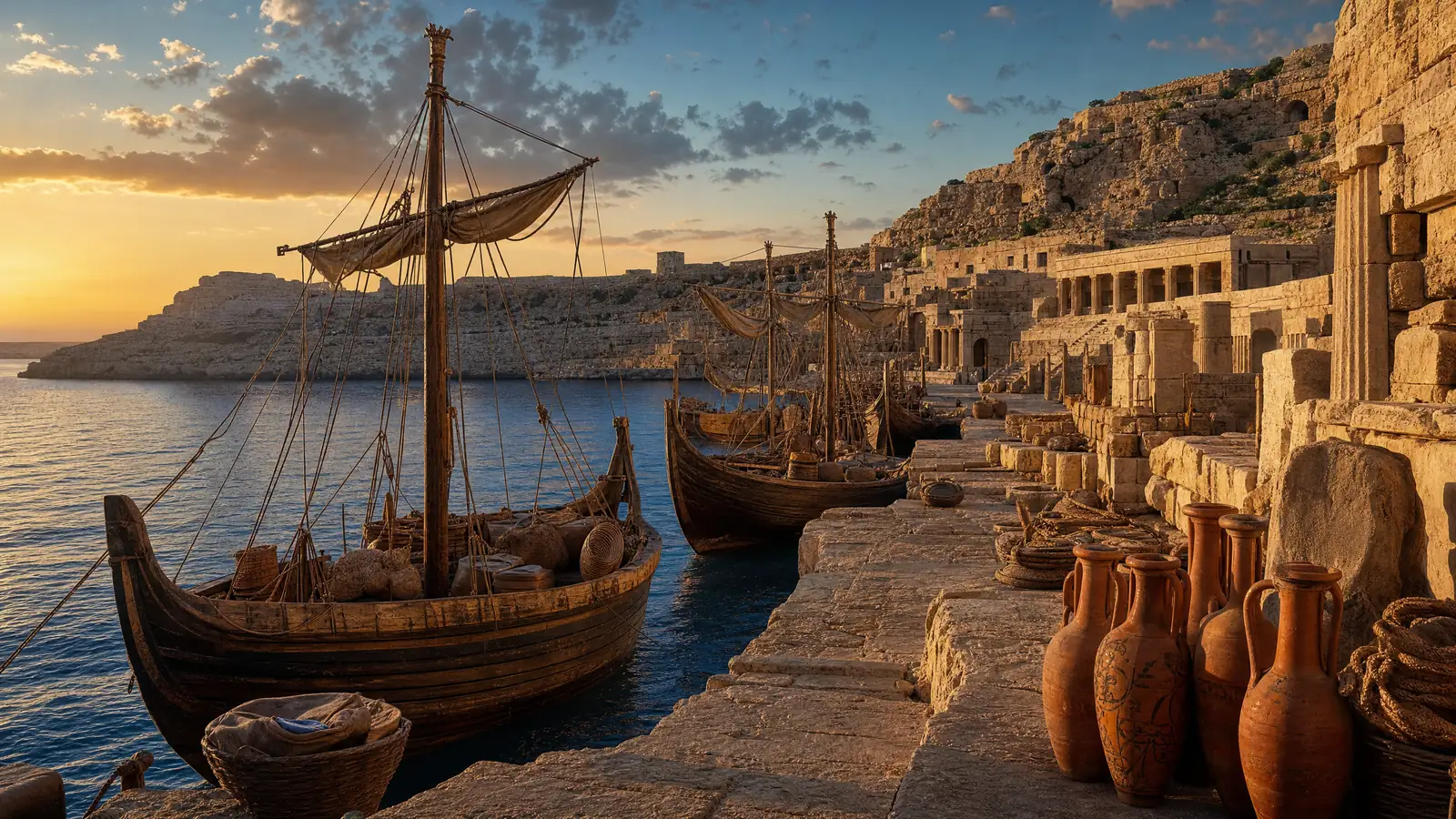 Phoenician-era trading harbour on the Maltese coastline at golden hour, limestone quayside, ancient vessels, deep blue Mediterranean sea