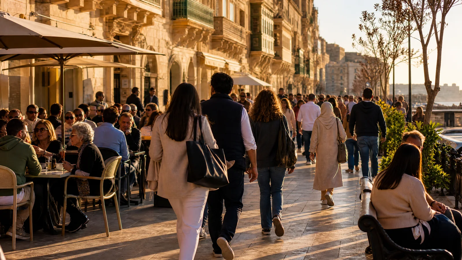 People walking a busy sunlit street in Valletta, Malta, illustrating the island’s high population density