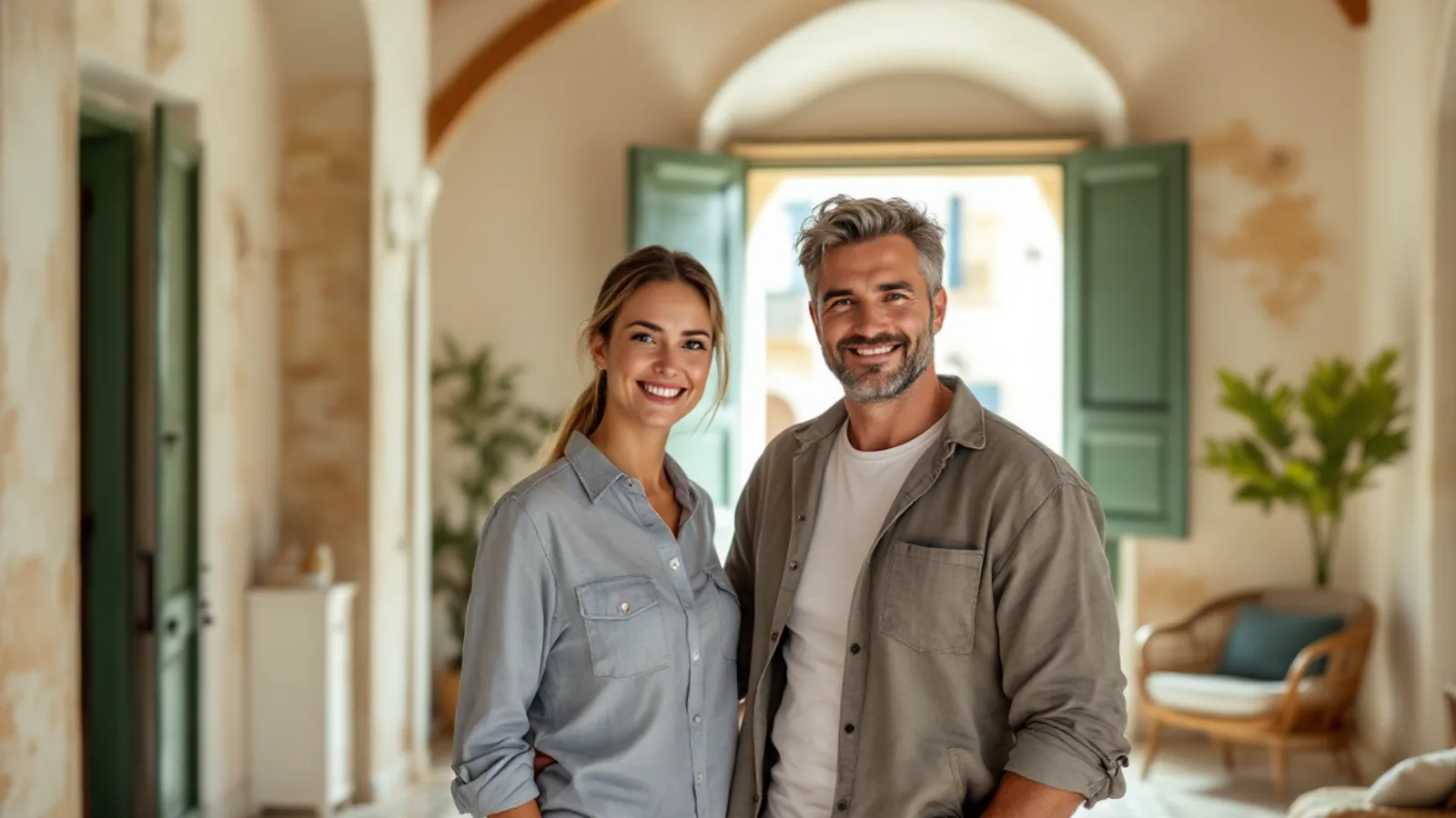 A smiling couple stand in a restored townhouse room with limestone arches and tall green shutters open to the light.