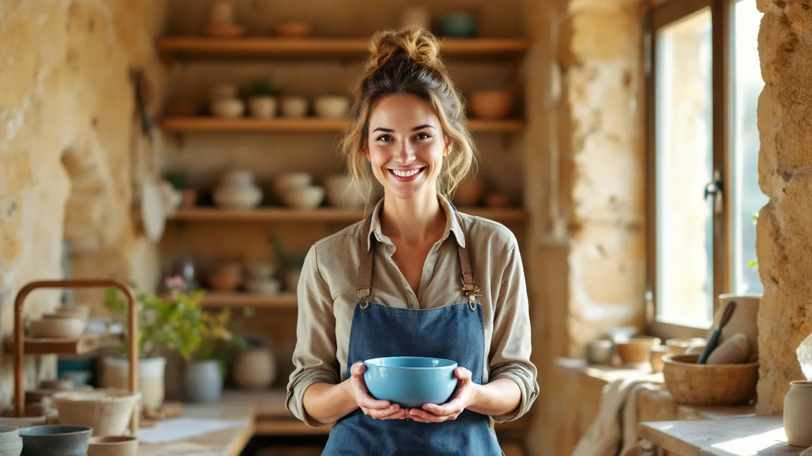 A smiling ceramicist in a denim apron holds a blue glazed bowl in her bright limestone-walled studio.