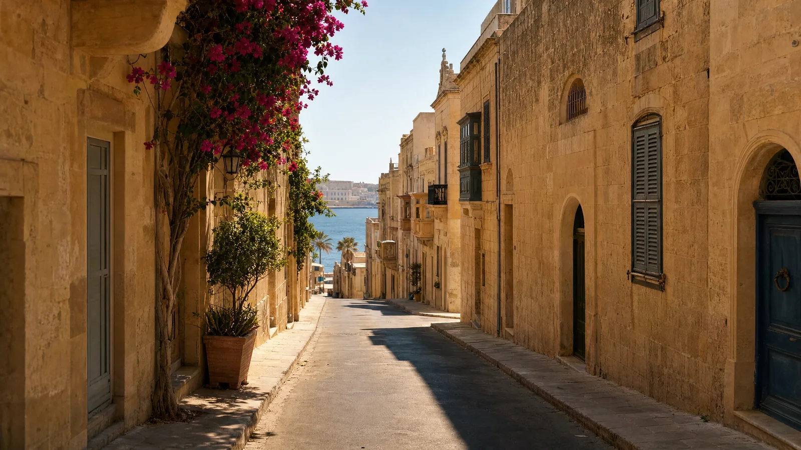 Deserted limestone street in Malta at midday summer heat, intense Mediterranean sun, ancient honey-coloured stone, bougainvillea, shuttered balconies