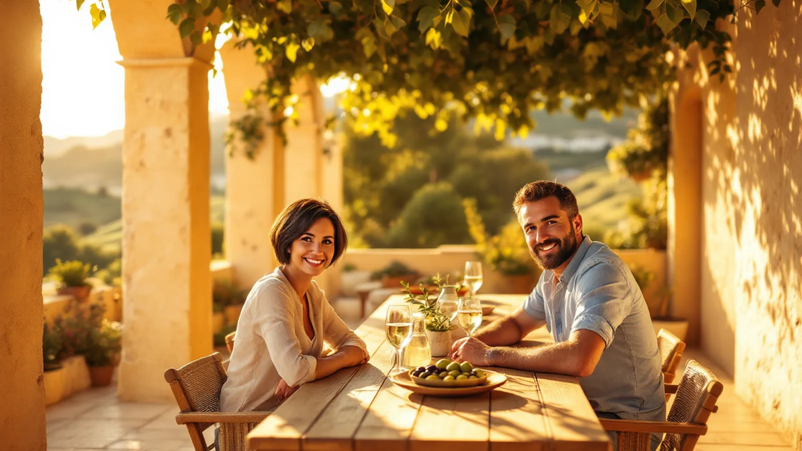 A smiling woman and man sit at a wooden table under a vine pergola on the limestone terrace of a Maltese farmhouse in warm afternoon light.