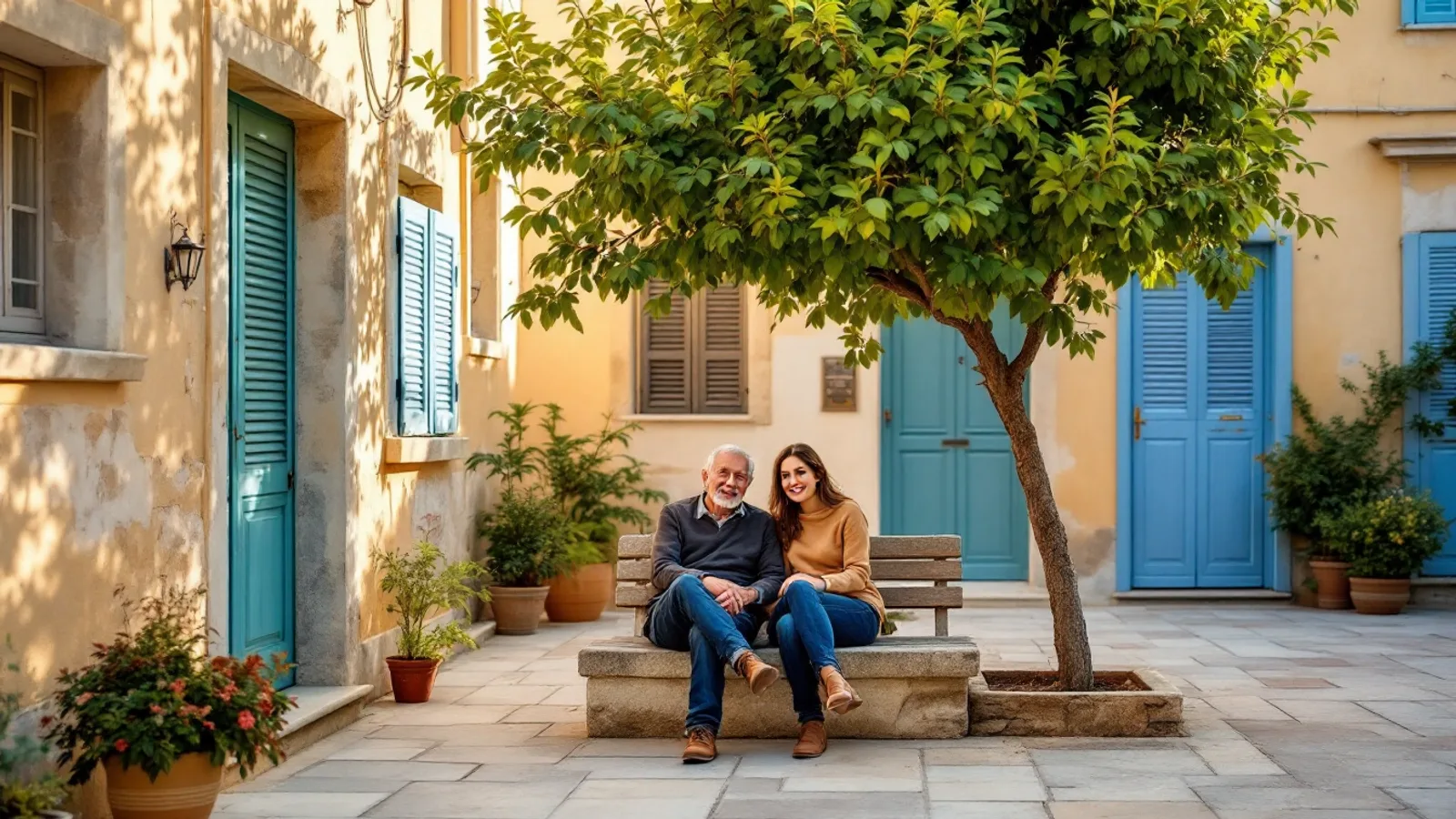 Two smiling neighbours sit on a stone bench under a small tree in a quiet limestone village square in Malta on an autumn morning.
