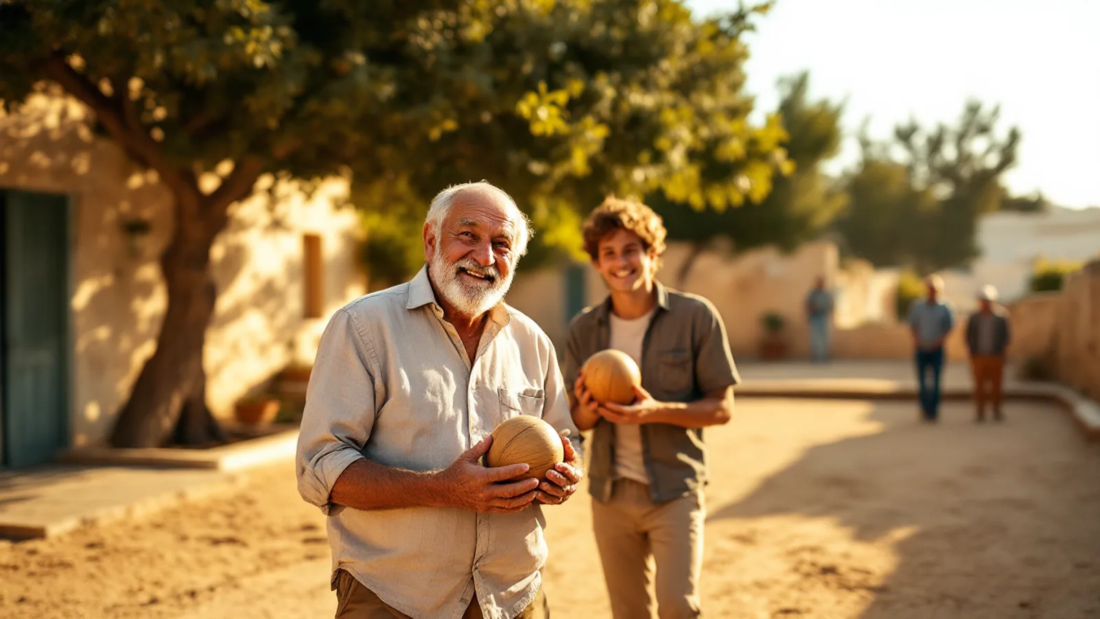 A grandfather and his teenage grandson hold wooden bocci balls on a sunlit village pitch under a shady tree.