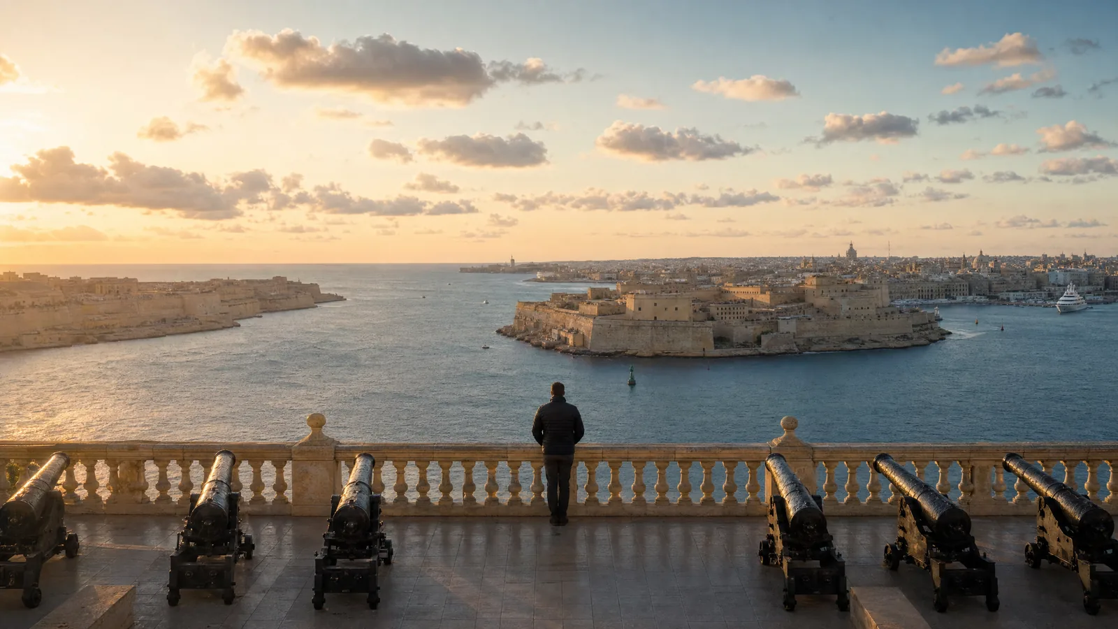 Person standing at the Upper Barrakka Gardens in Valletta, looking out over the Grand Harbour at golden hour, contemplating, back to camera