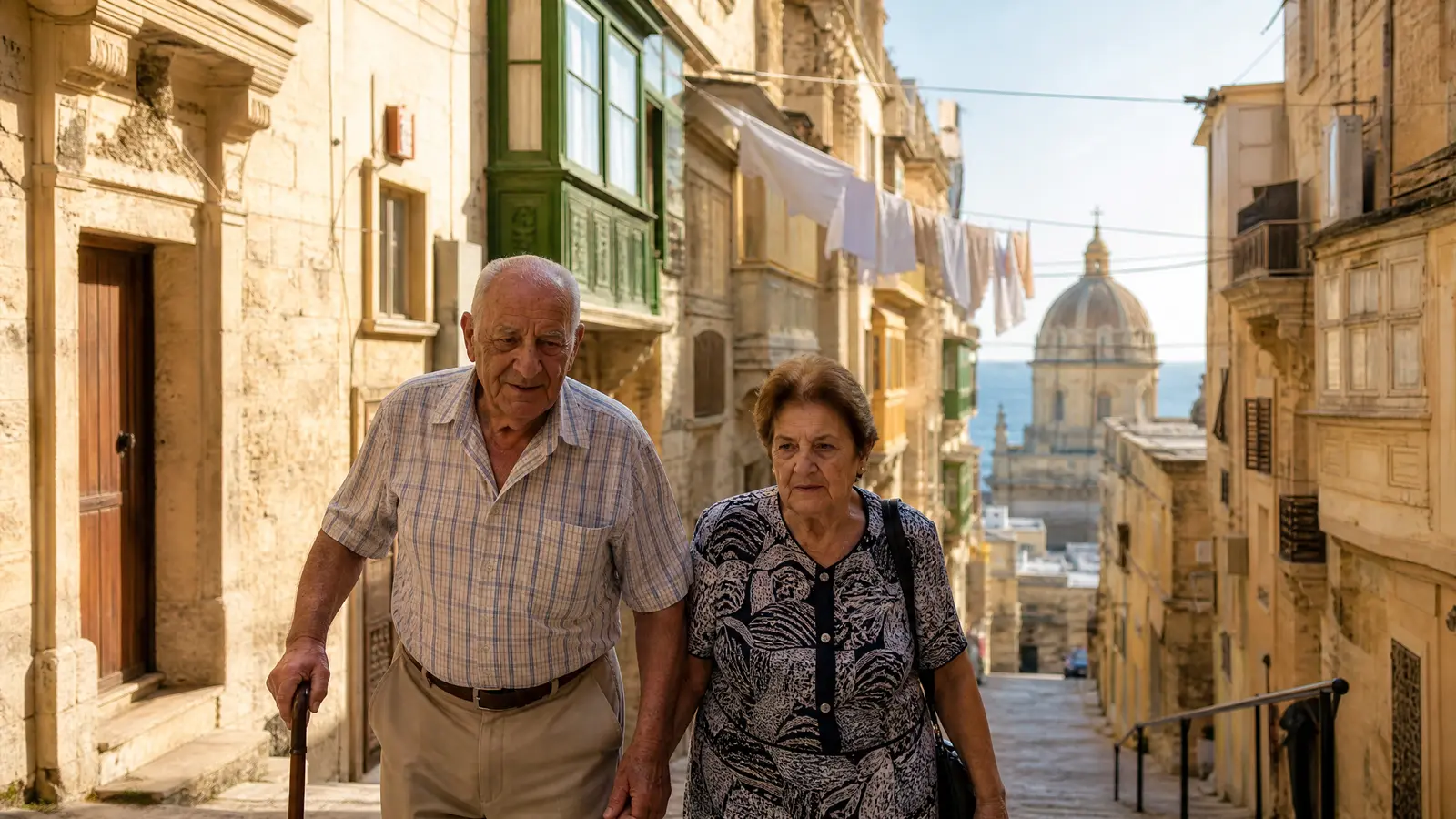 An elderly Maltese couple walks up a sunlit limestone street in Valletta beneath traditional wooden balconies.