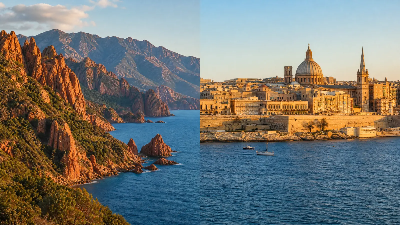 Red granite cliffs and wild maquis of Corsica's Calanques de Piana above deep blue sea, blending into Valletta's warm ordered limestone waterfront.