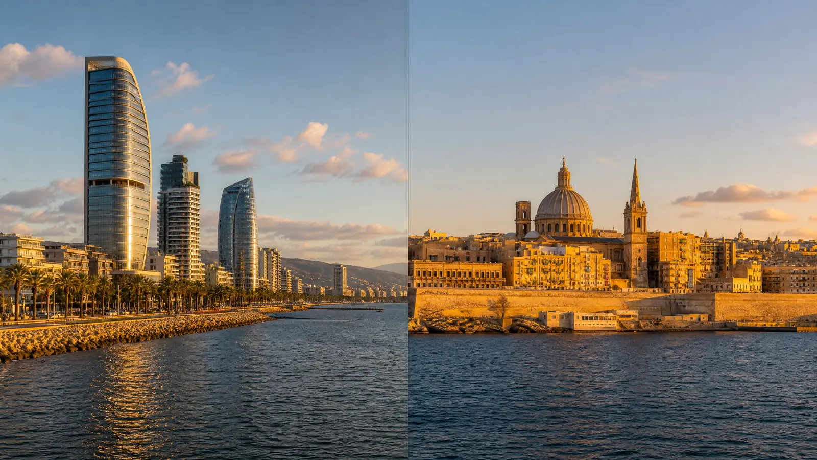 Limassol's modern seafront towers above a palm promenade blending into Valletta's baroque golden skyline above the Grand Harbour, two English-speaking island rivals.