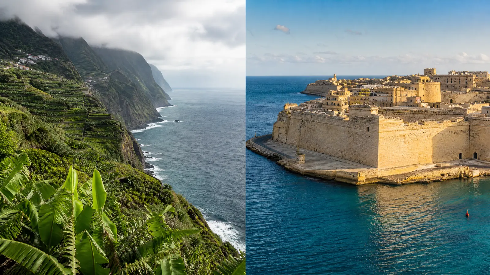 Green terraced cliffs of Madeira dropping into Atlantic mist blending into Malta's sunlit golden bastions above a hard blue harbour.