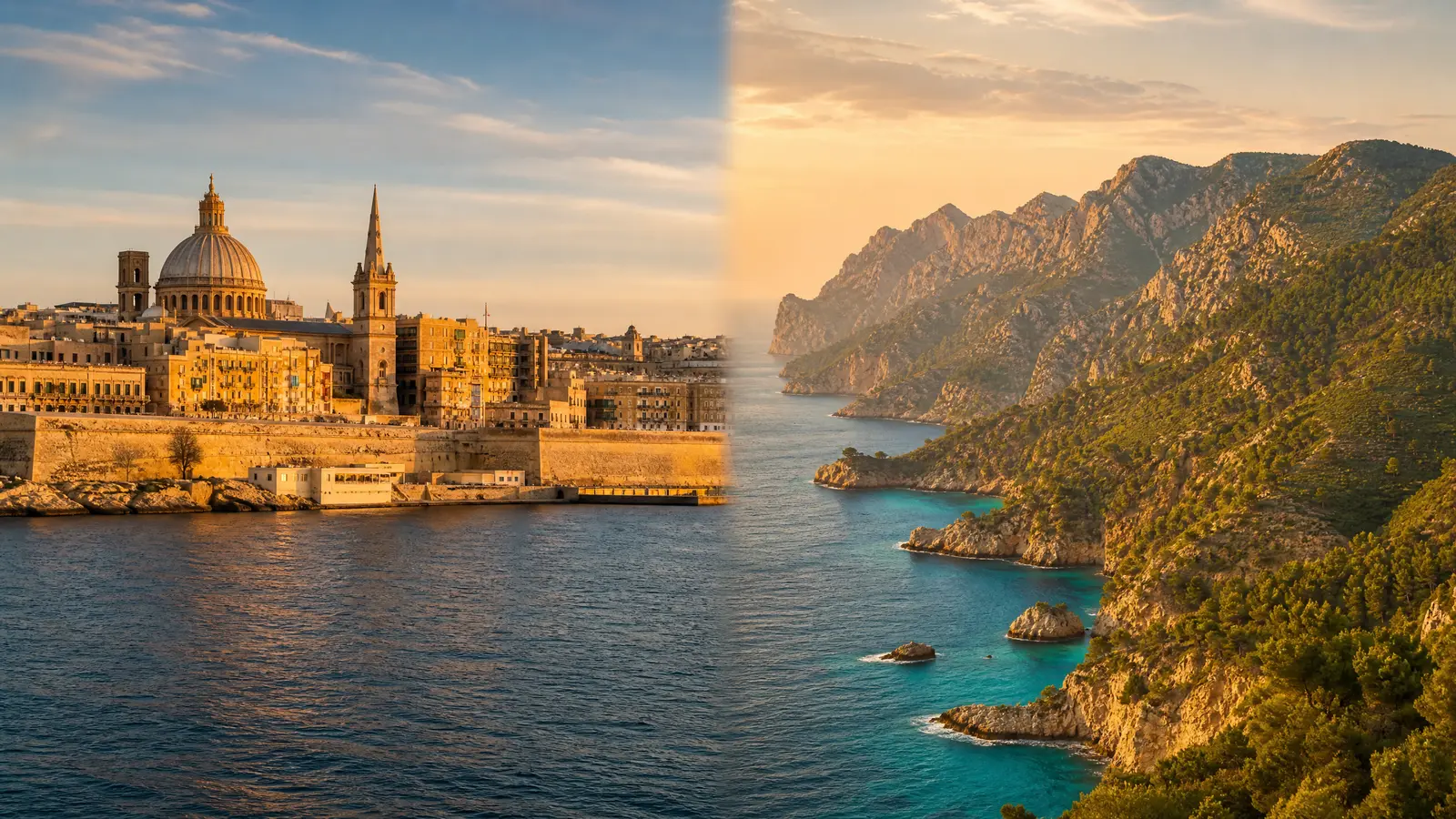 Split composition of Valletta's golden bastions above the Grand Harbour and Mallorca's green Tramuntana mountains falling into turquoise coves.