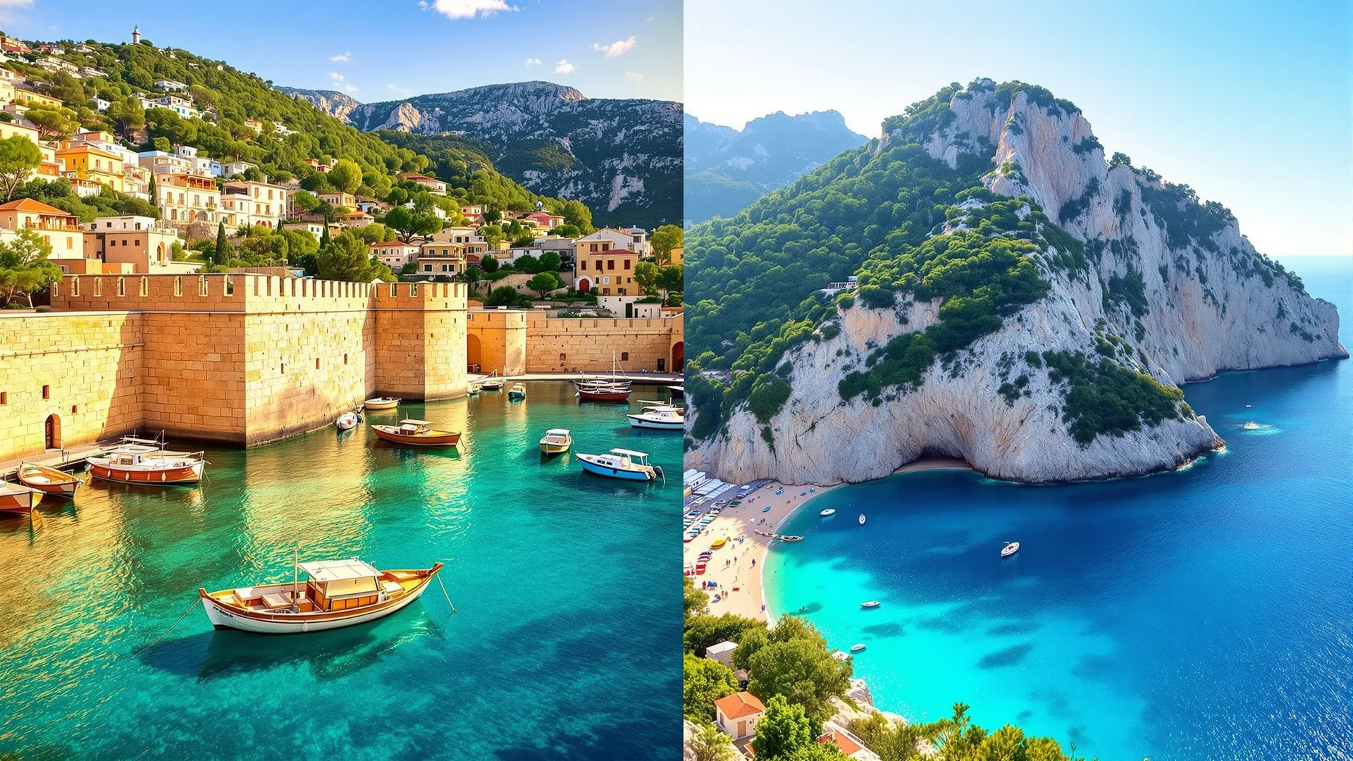 Split Mediterranean scene: golden limestone harbour walls and moored boats on one side, a pine covered mountain coastline dropping into turquoise water on the other, late afternoon light. Wide landscape format.