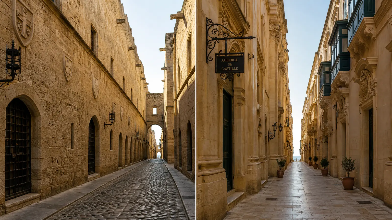 The medieval Street of the Knights in Rhodes Old Town blending into the matching golden auberges and bastions of Valletta, two cities built by the same order.