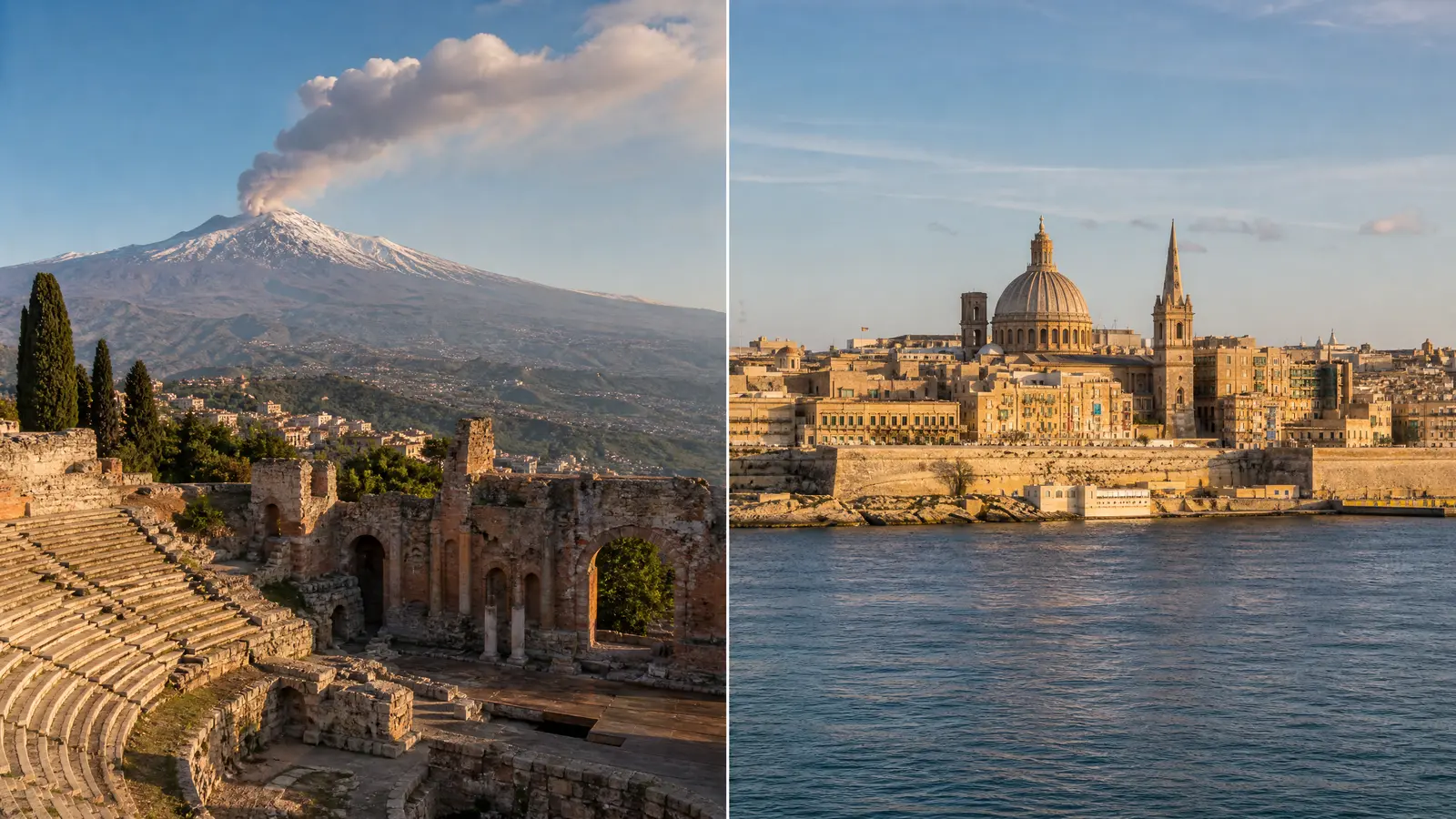Smoking Mount Etna above the Greek theatre of Taormina blending into the ordered golden skyline of Valletta above its harbour.