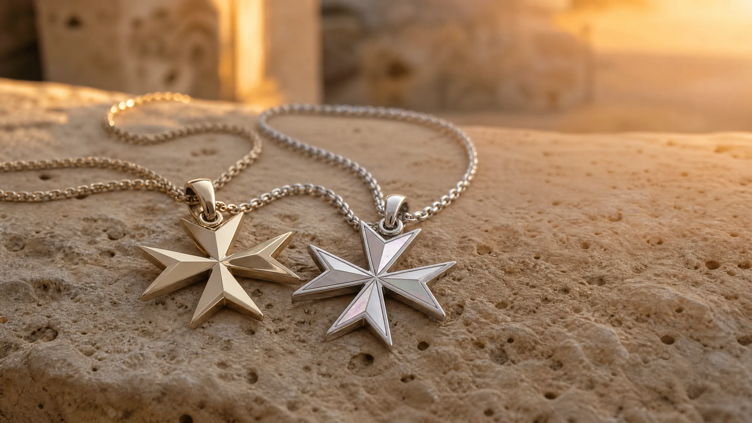 White gold and mother-of-pearl Maltese cross pendants resting on warm limestone in late afternoon light