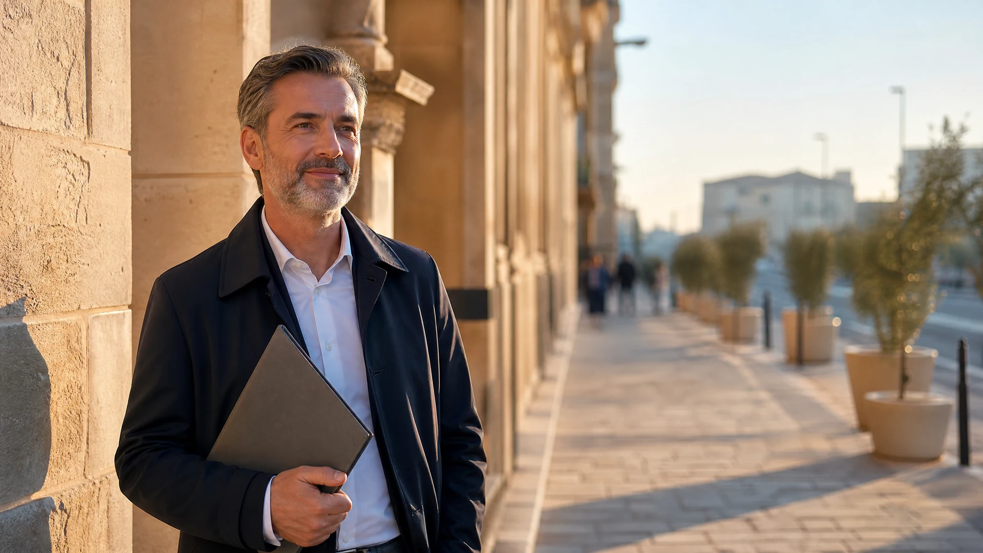 A man in his fifties holding a document folder on a sunlit Maltese street early in the morning, on his way to apply for his Maltese ID card.