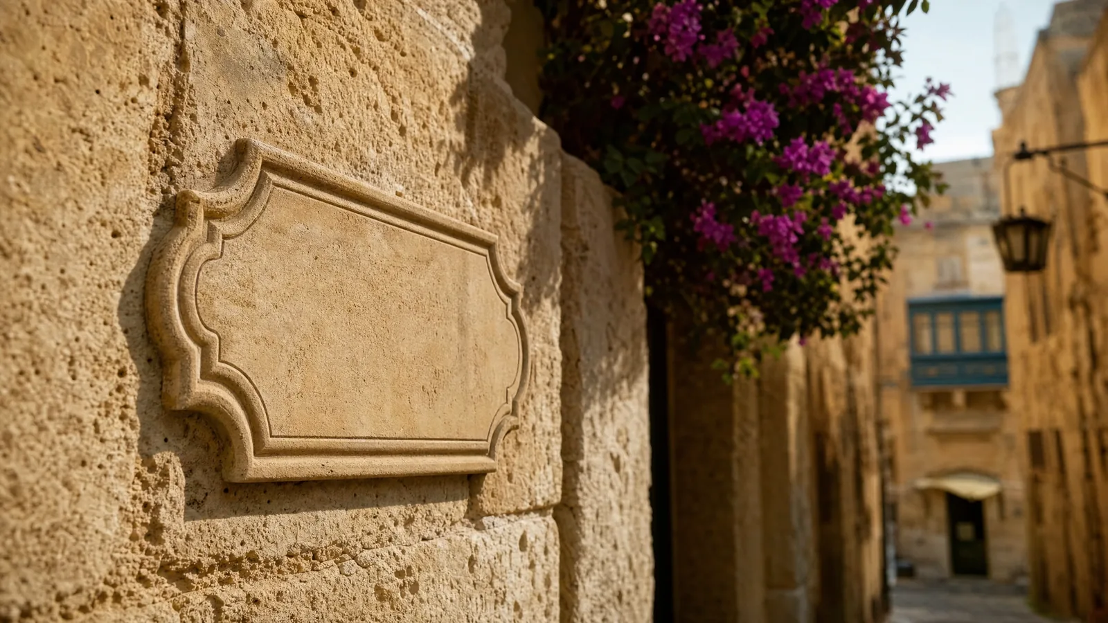 Maltese limestone street sign in both Maltese and English, afternoon light on honey-coloured stone wall, bougainvillea