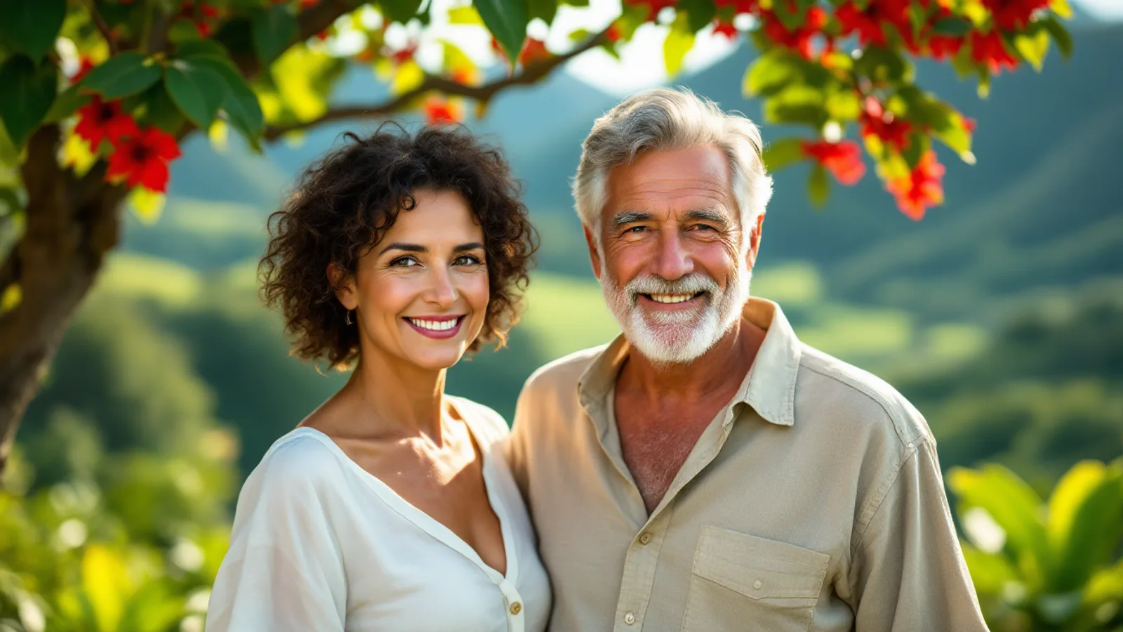 A smiling couple in their fifties stand under a flowering red tree in a tropical hillside garden with green hills behind them.