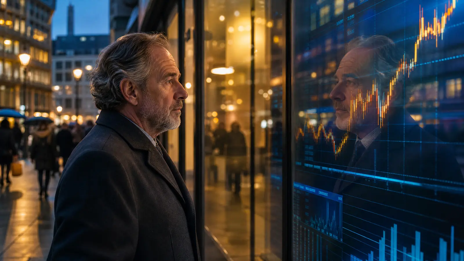 Thoughtful man watching stock charts through a bank's glass facade at dusk, his reflection overlaid on the rising curves.