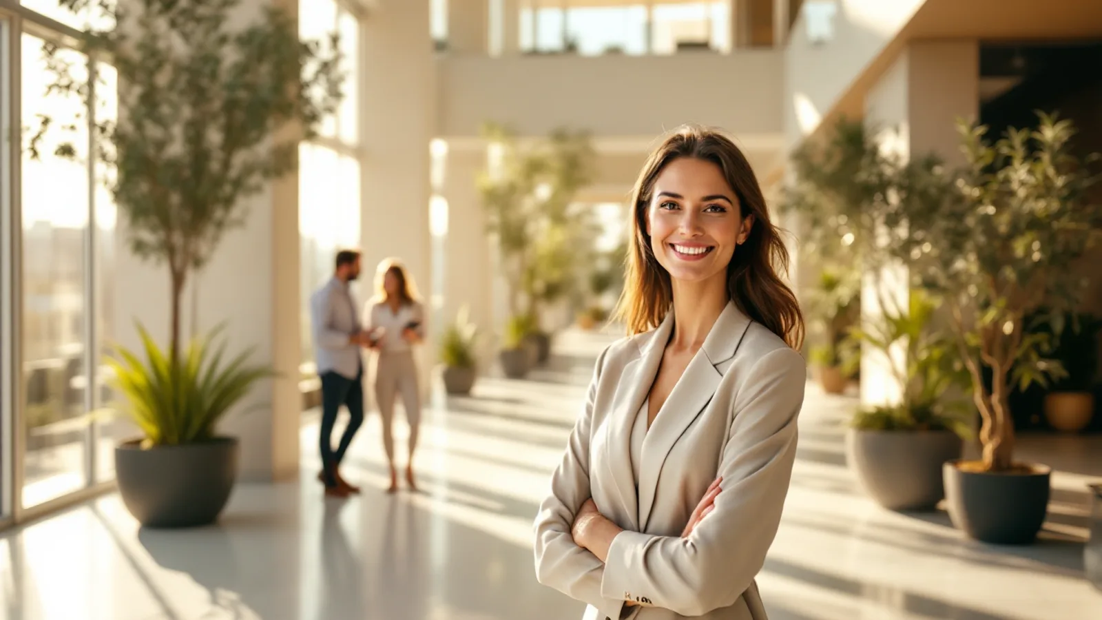 A smiling professional in a light suit stands in a bright modern atrium with potted olive trees, two colleagues talking behind her.