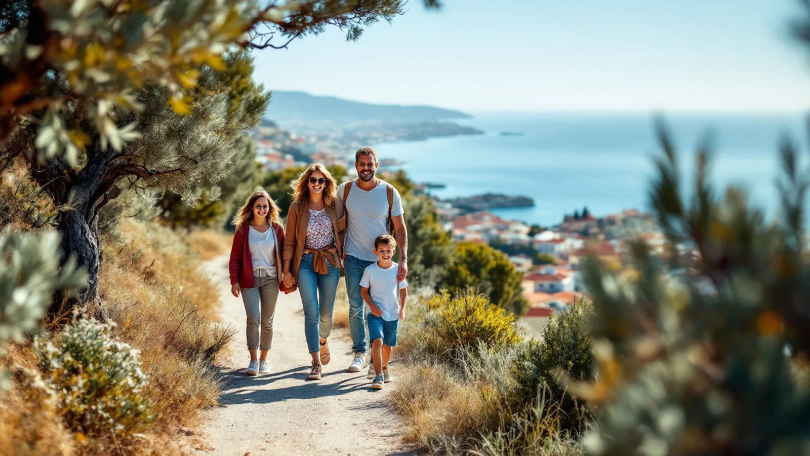 A family with two children walking toward the camera on a hillside path above a Mediterranean coastal town