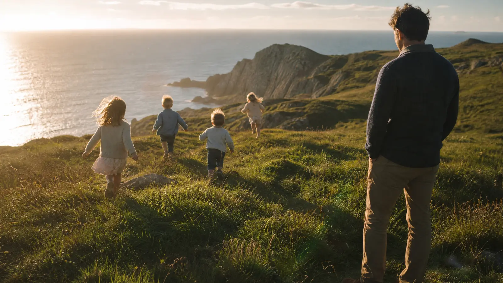 A father and his children on a sunlit green Irish Atlantic coastline in warm late-summer light.