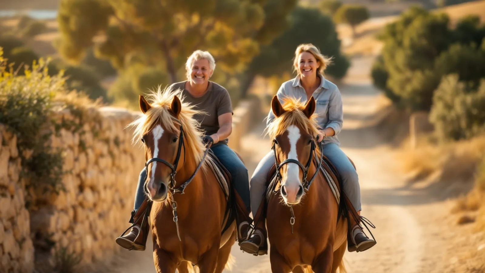 A smiling couple ride two chestnut horses along a dusty country track beside a dry-stone wall in golden evening light.