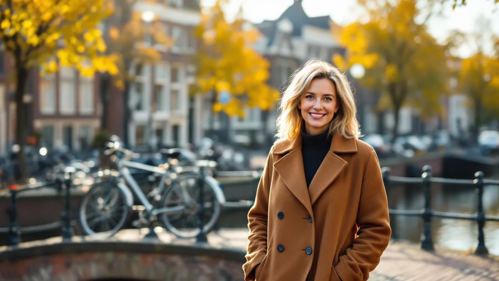 A smiling woman in a camel coat on a small bridge over a Dutch canal lined with brick houses in warm autumn light
