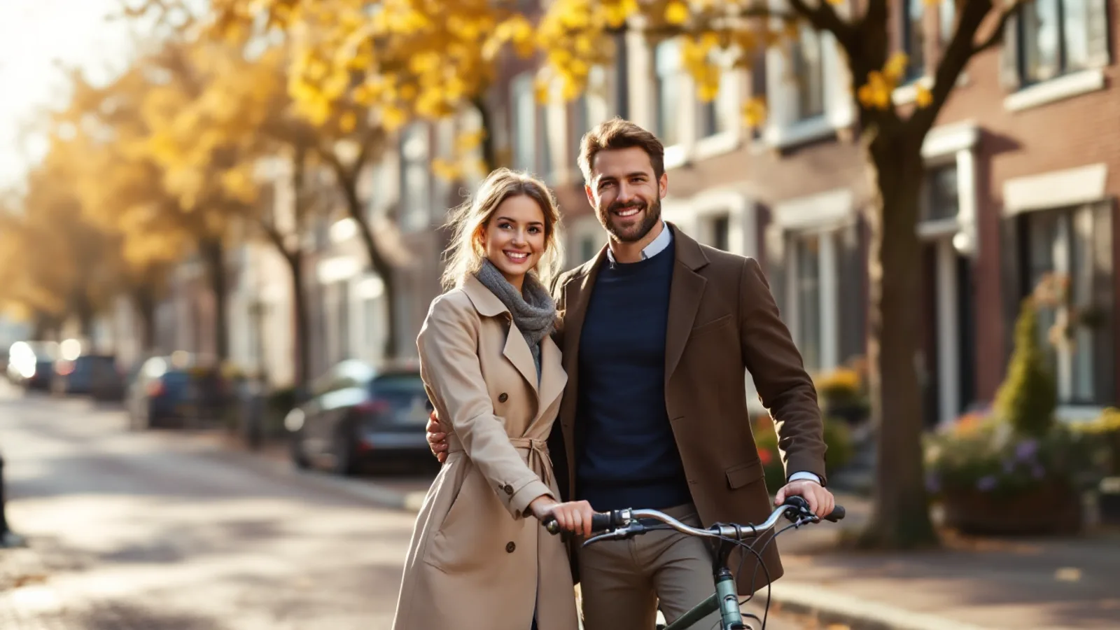 A smiling couple with bicycles on a sunny tree-lined Dutch street of brick townhouses in early autumn