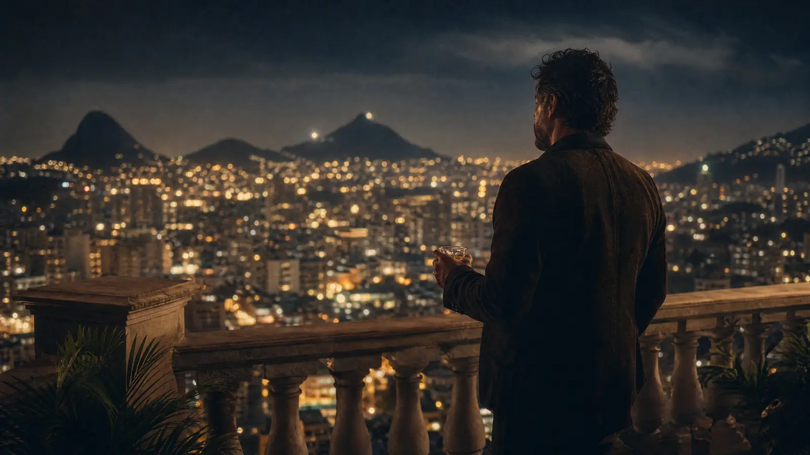 Man standing alone at night on a rooftop terrace above a South American city, looking into the distance.