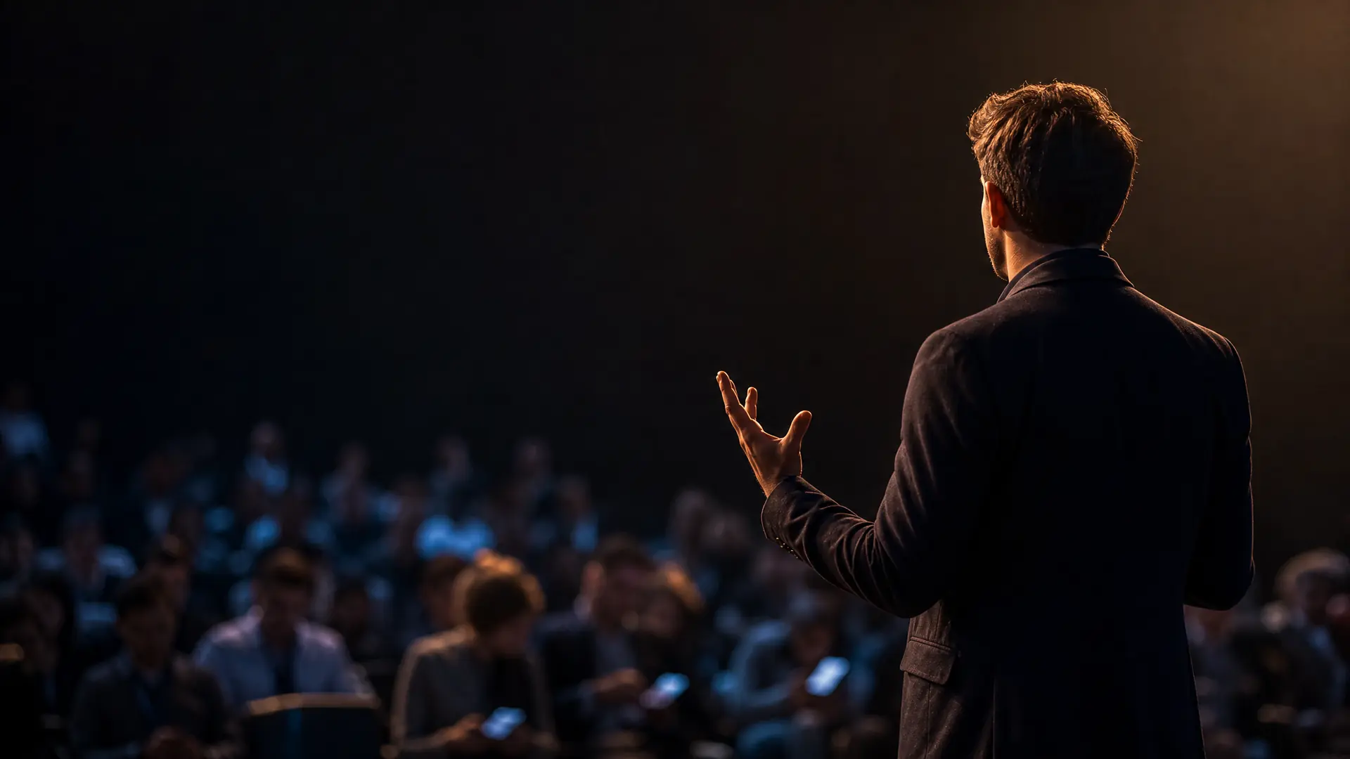 A speaker mid-sentence on a dim stage, brightly lit, facing a shadowed audience whose attention is drifting to their phones.