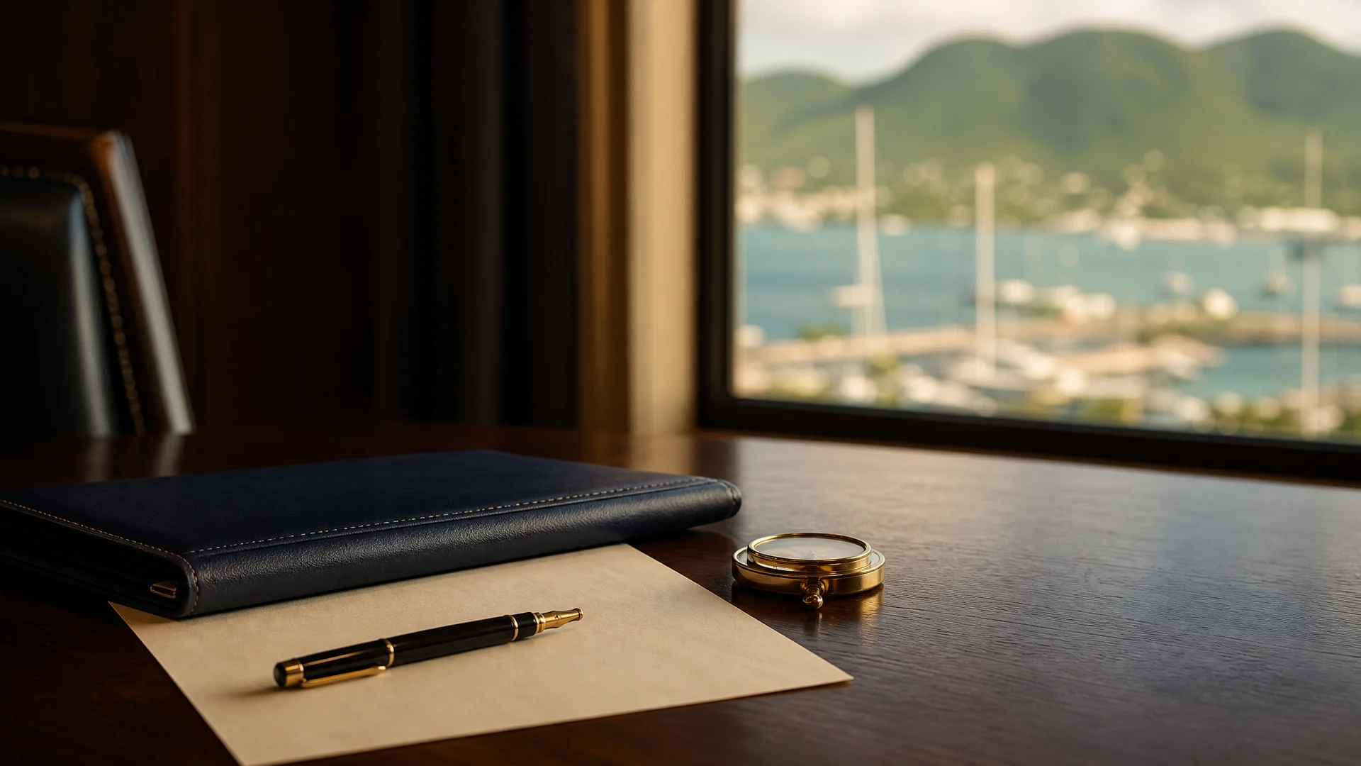 Confidential offshore asset-protection planning documents on a private banking desk overlooking a Caribbean harbour