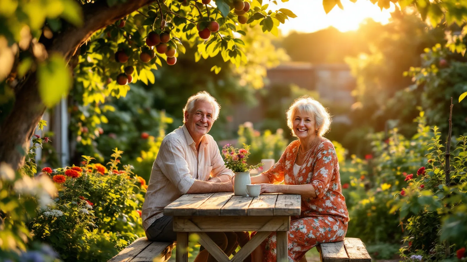 A couple in their fifties at a garden table in an English kitchen garden in warm evening light, looking into the camera