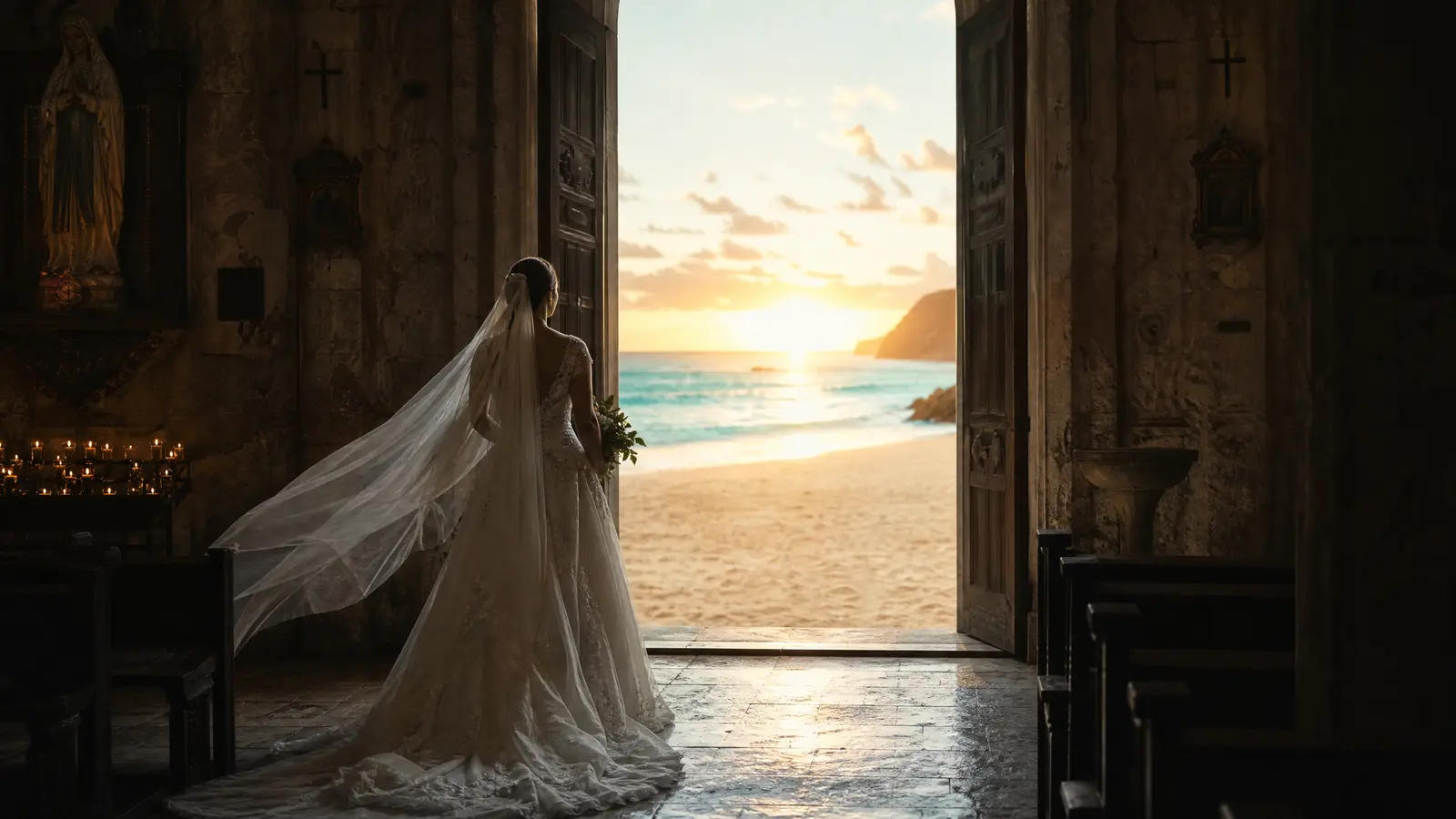 A bride and groom stand at the threshold of an old stone Catholic church, doorway flooded with light, contrasting against a distant beach visible through the open door.