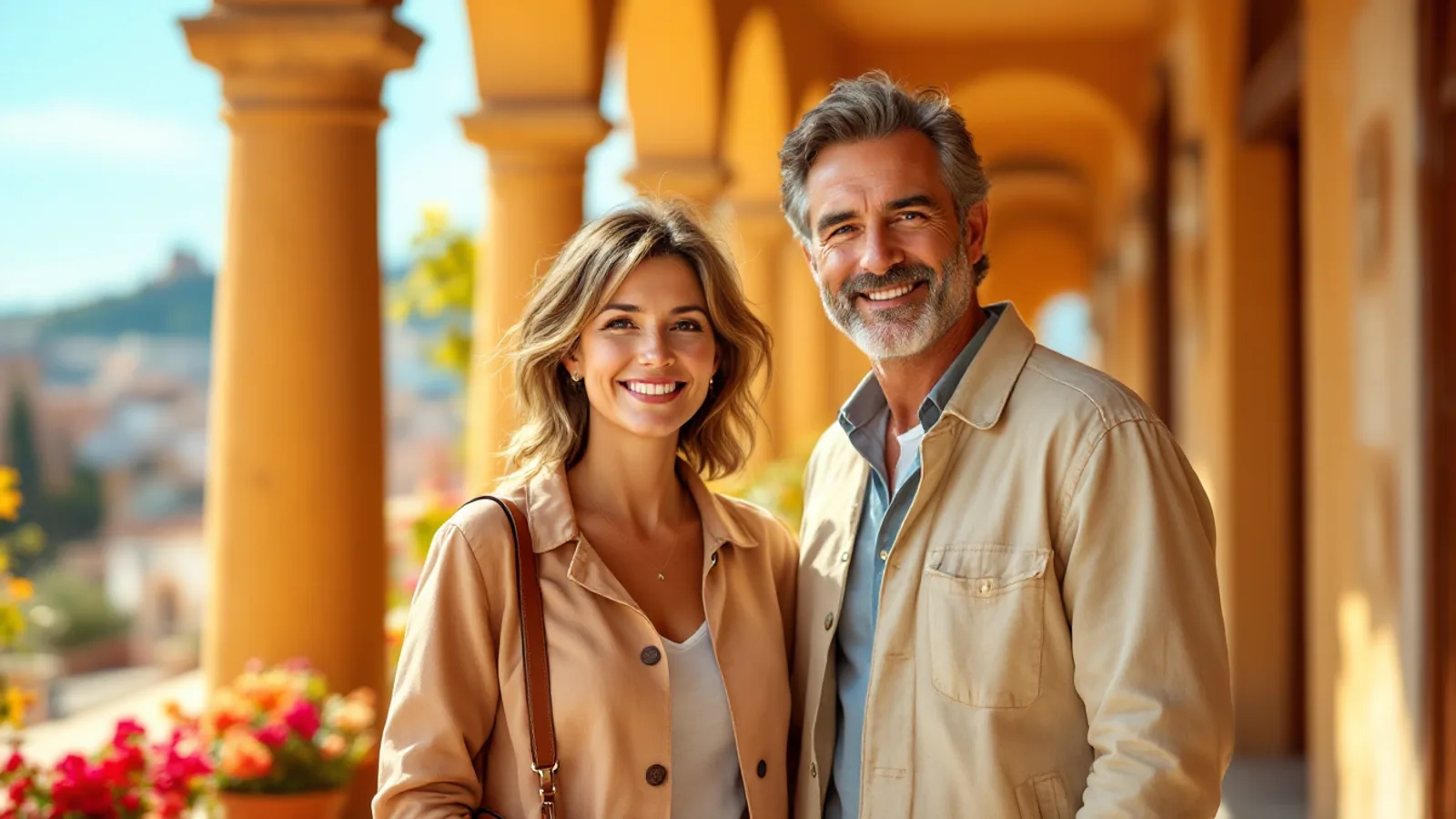 A smiling woman and man stand side by side under sunlit honey-coloured stone arches in a southern European old town.