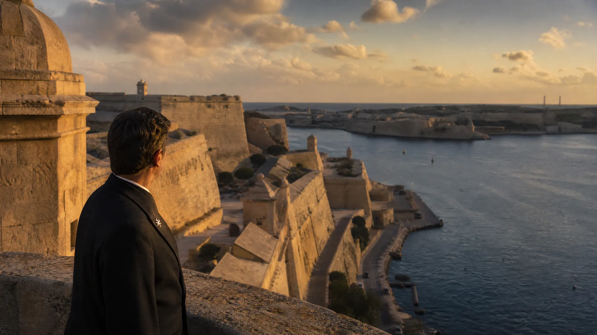 A figure wearing the eight-pointed Maltese cross stands on the bastions of Valletta at golden hour, overlooking the Grand Harbour.