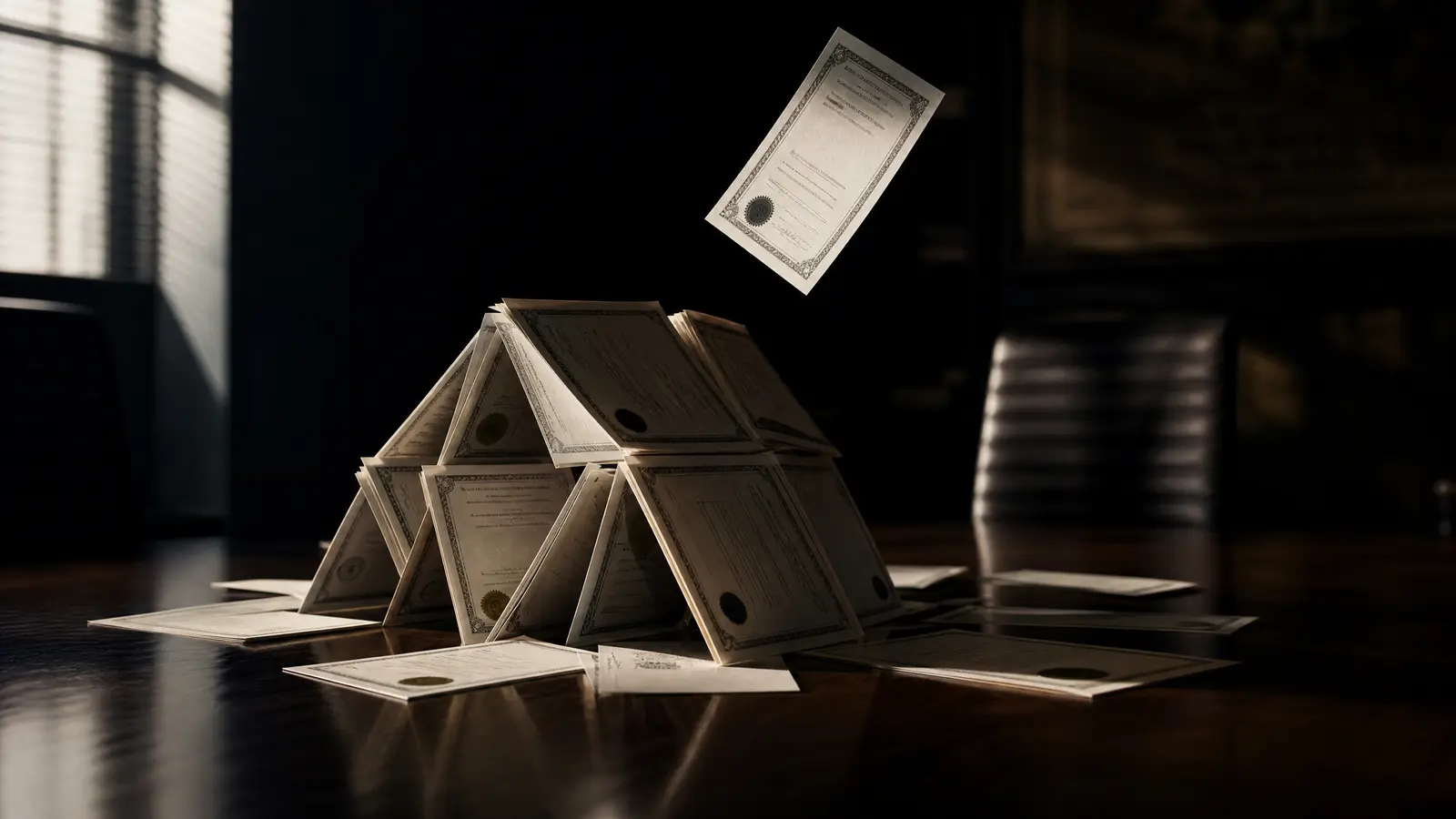 House of cards made of corporate documents collapsing on a boardroom table, symbolizing a flawed Panama tax residency structure.