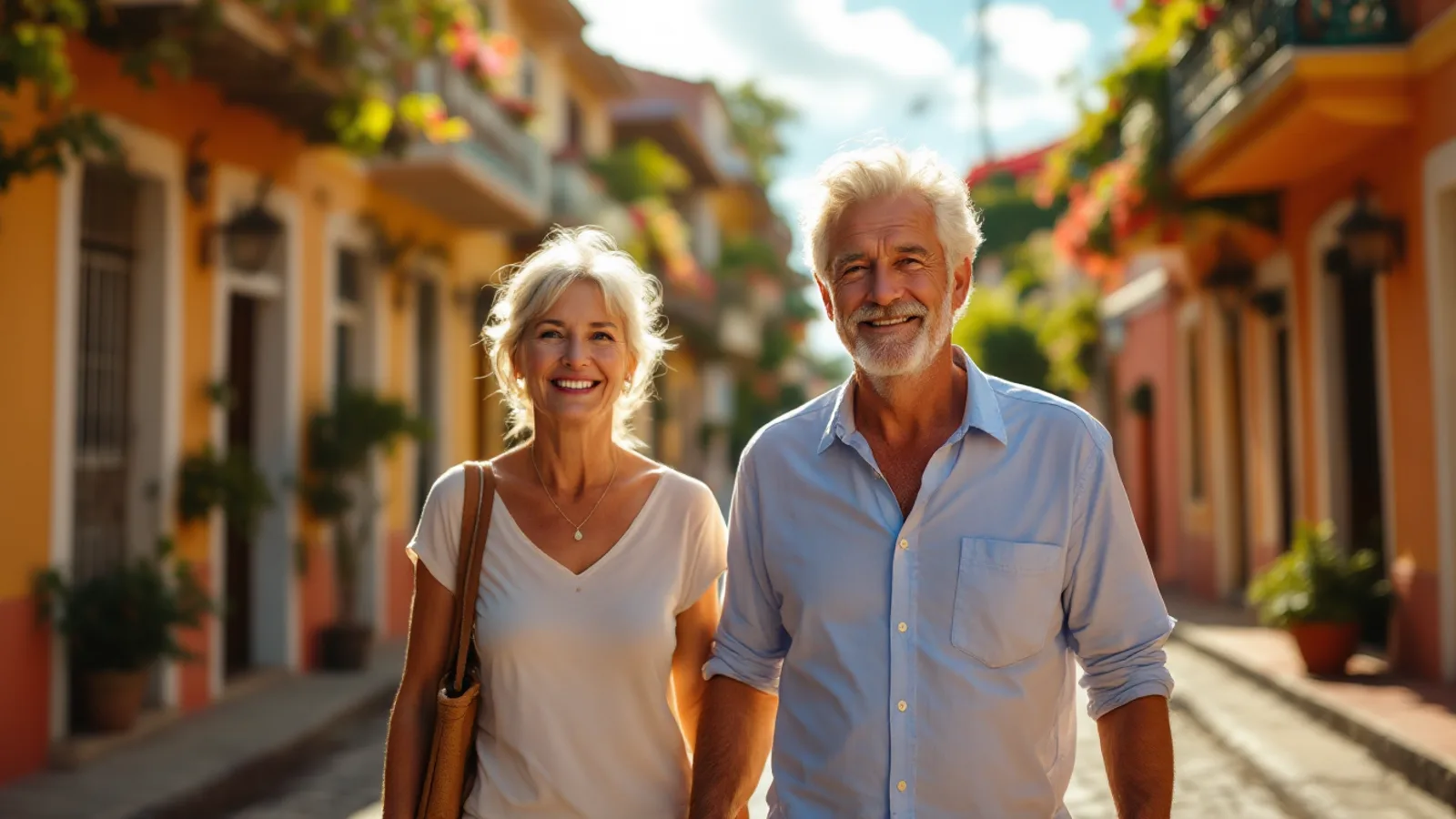 Smiling couple in their sixties walking along a sunlit colonial street with flowering balconies
