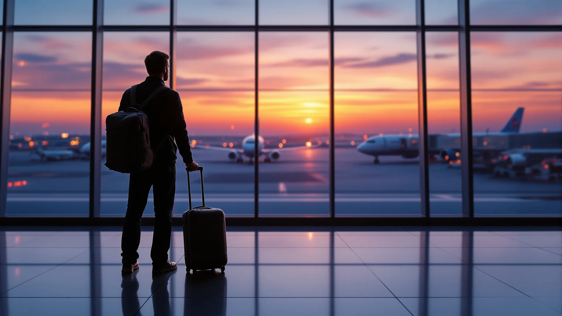 A man with a backpack standing alone in an airport departure hall at dusk, looking out through tall windows at planes on the tarmac. Warm evening light, wide landscape format.