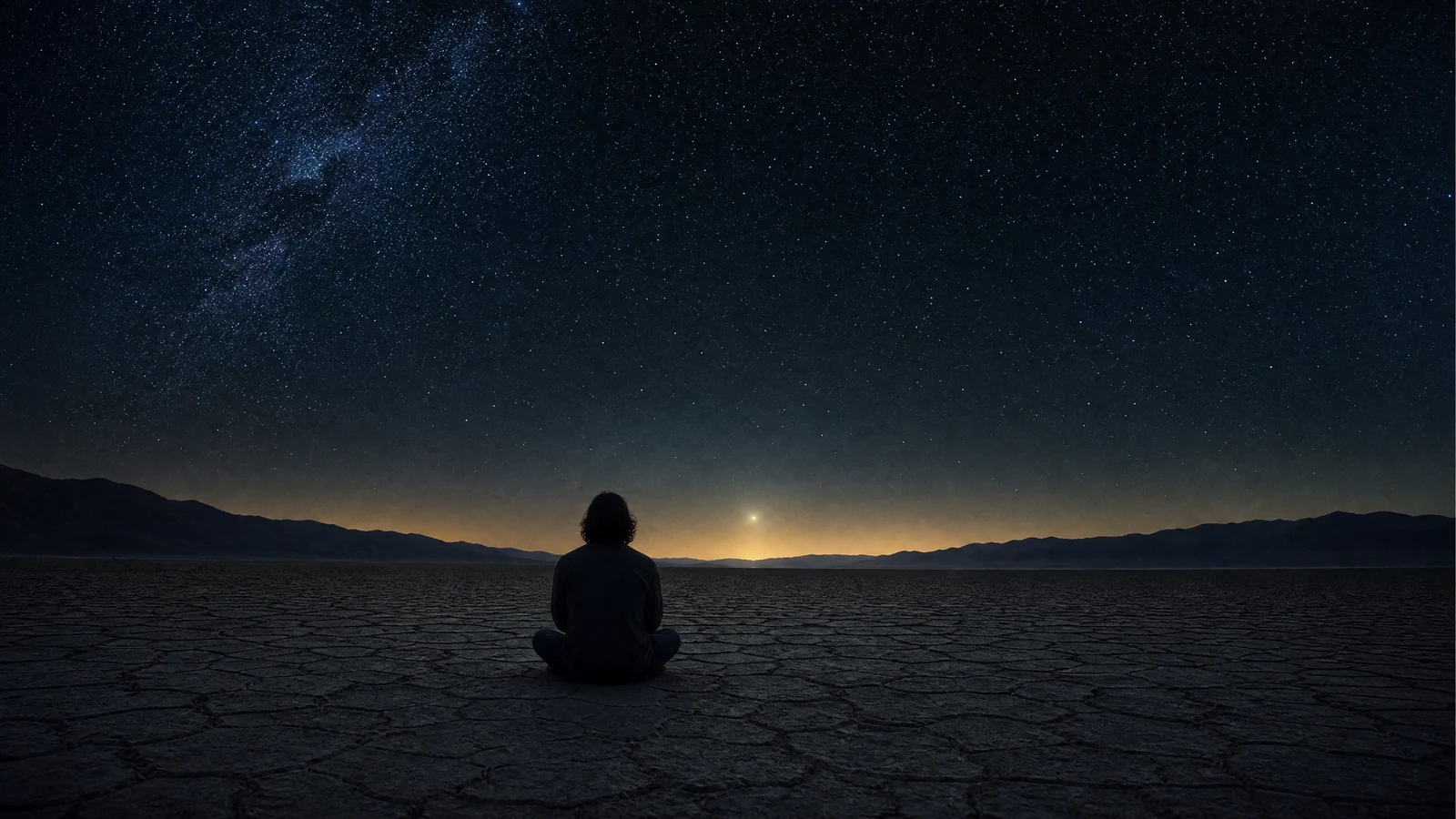 A lone figure in the desert at night looking up at a faint light in the sky