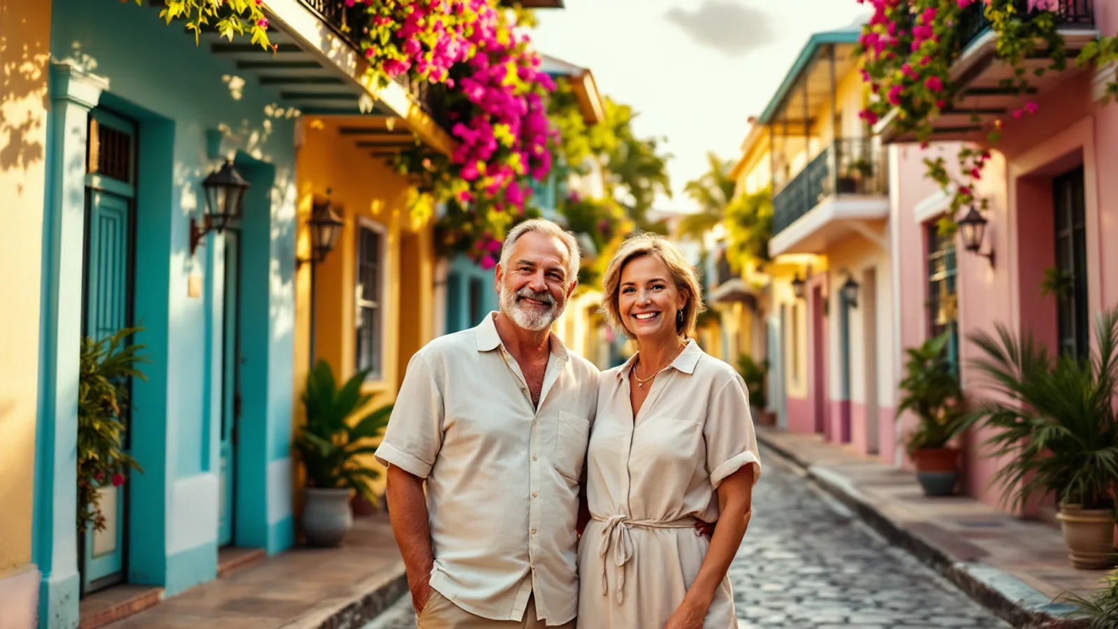 A man and a woman in linen clothes smile at the camera in a colourful Caribbean old town street with balconies and flowers.