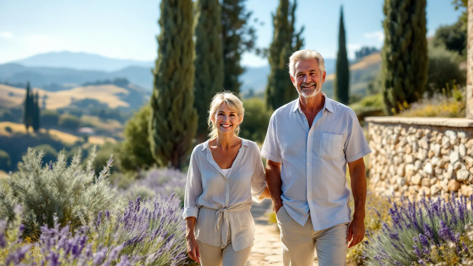A woman and a man in summer clothes smile at the camera on a garden path among olive trees and lavender.