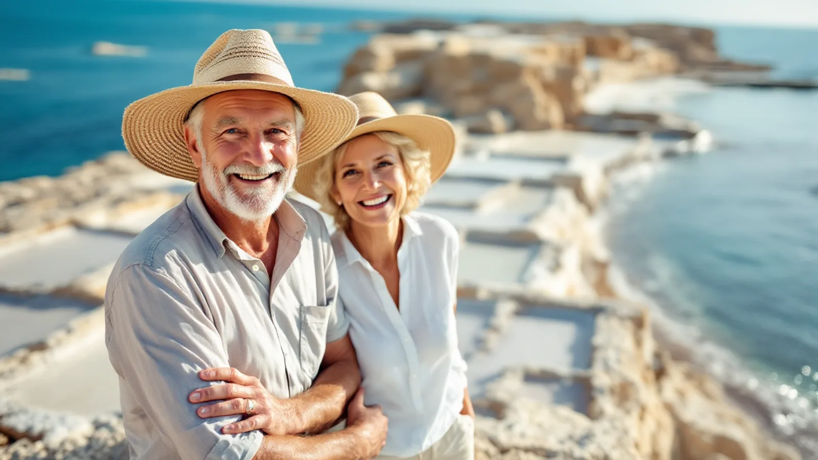 A retired couple in straw hats smile beside rock-cut salt pans on a sunlit limestone shore, the blue sea behind them.