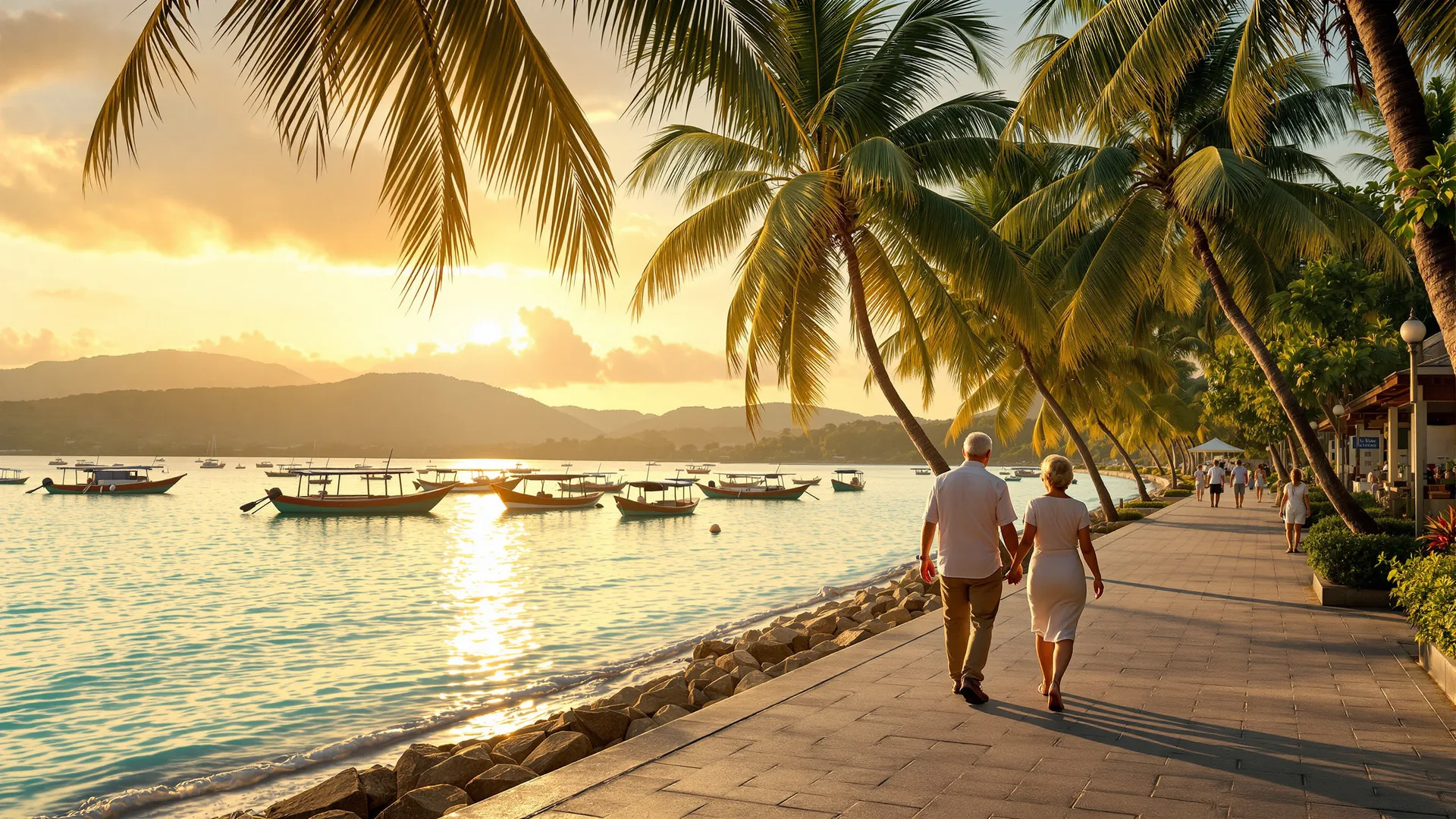 Older Western couple looking out over Davao Gulf from a condominium balcony at golden hour, palm trees and calm sea below. Warm tropical light. Wide landscape format.