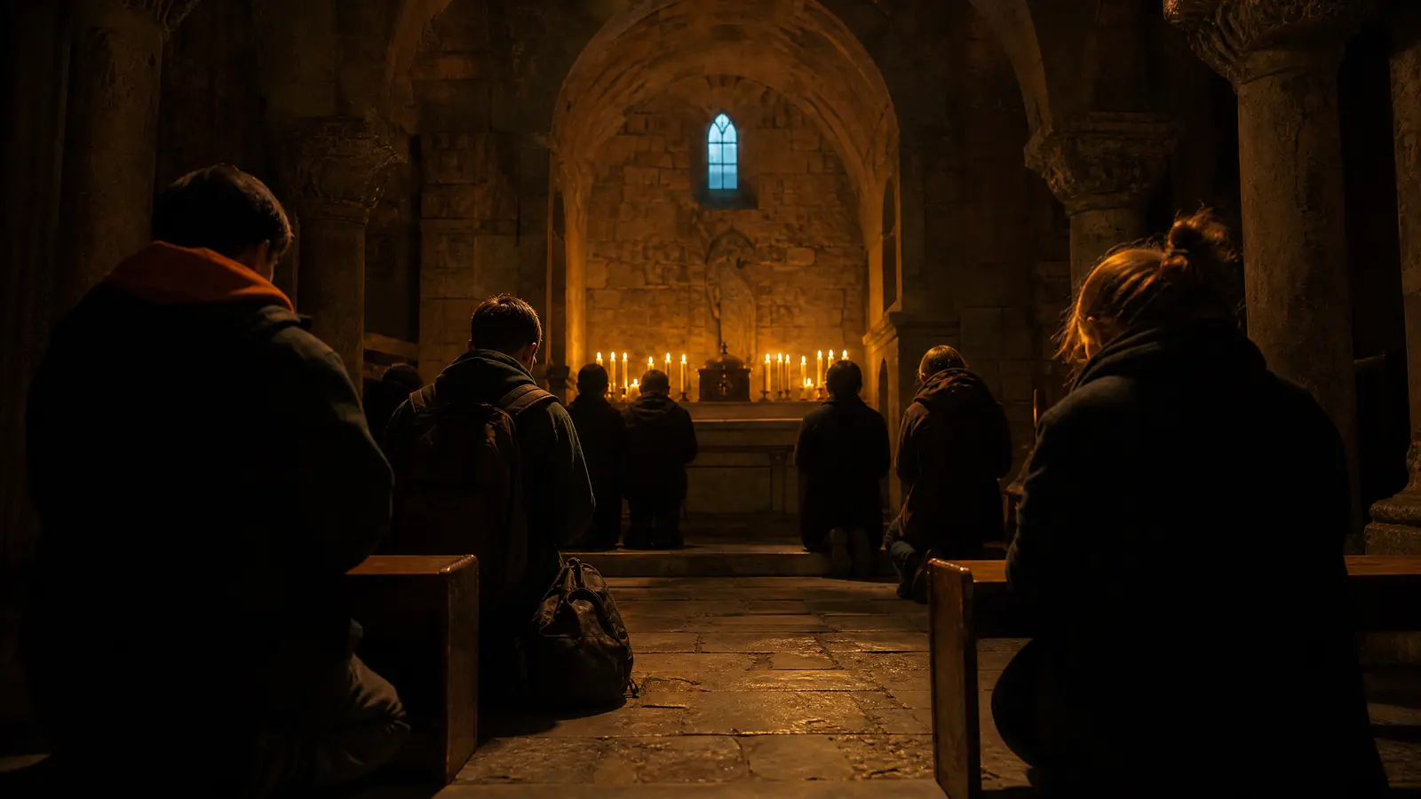 Young worshippers kneeling in the candlelit crypt of a European church at dawn, heads bowed in prayer.