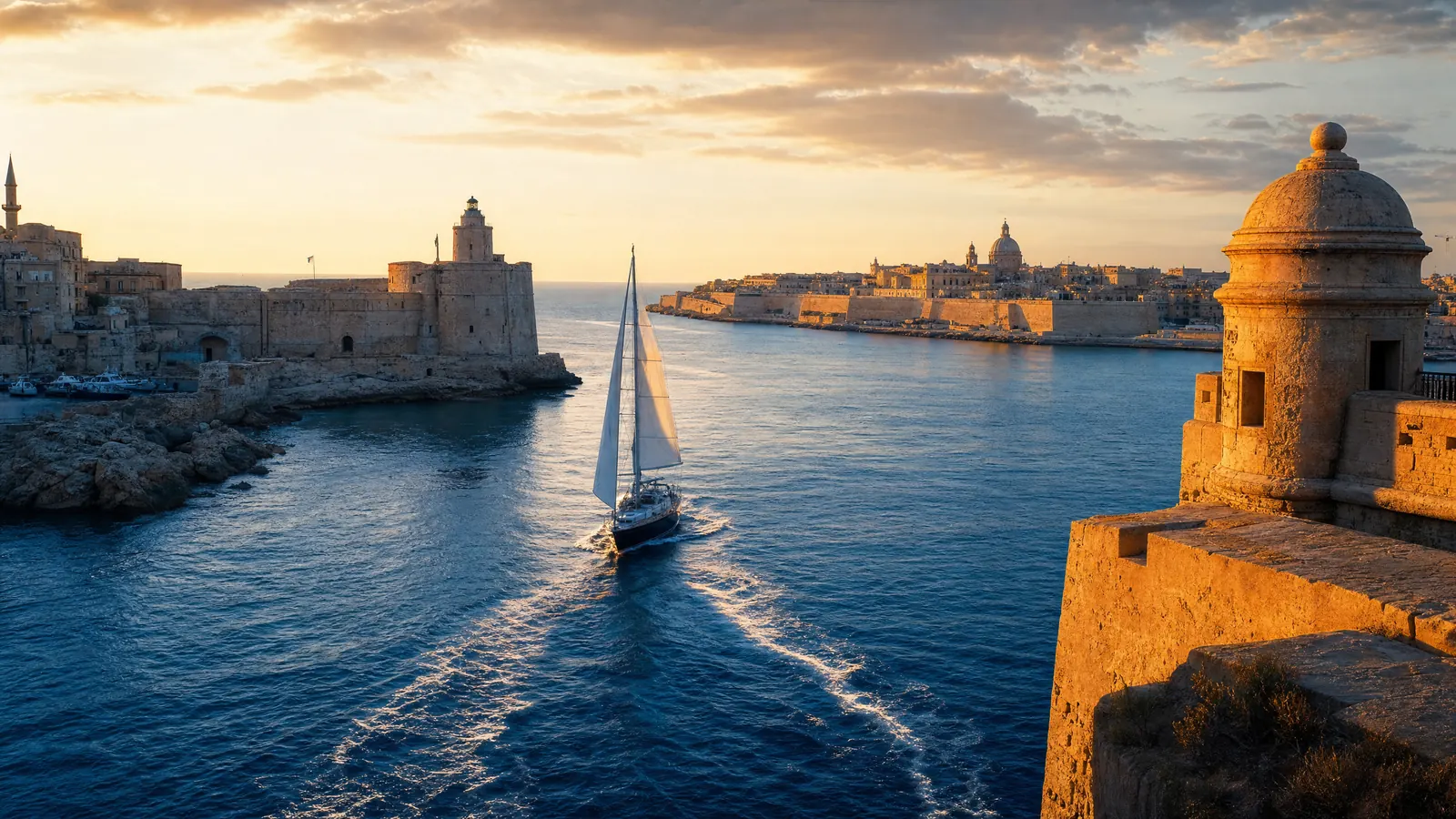 Side by side: the Acropolis of Lindos on Rhodes overlooking a blue bay, and Valletta's Grand Harbour limestone bastions at golden hour