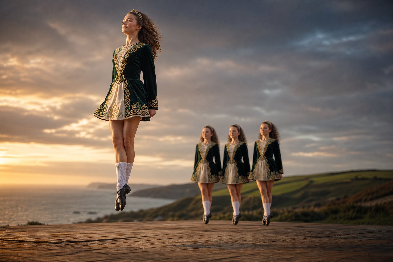 A young Irish dancer leaping at dusk on a timber stage with green hills and Atlantic sky behind her.