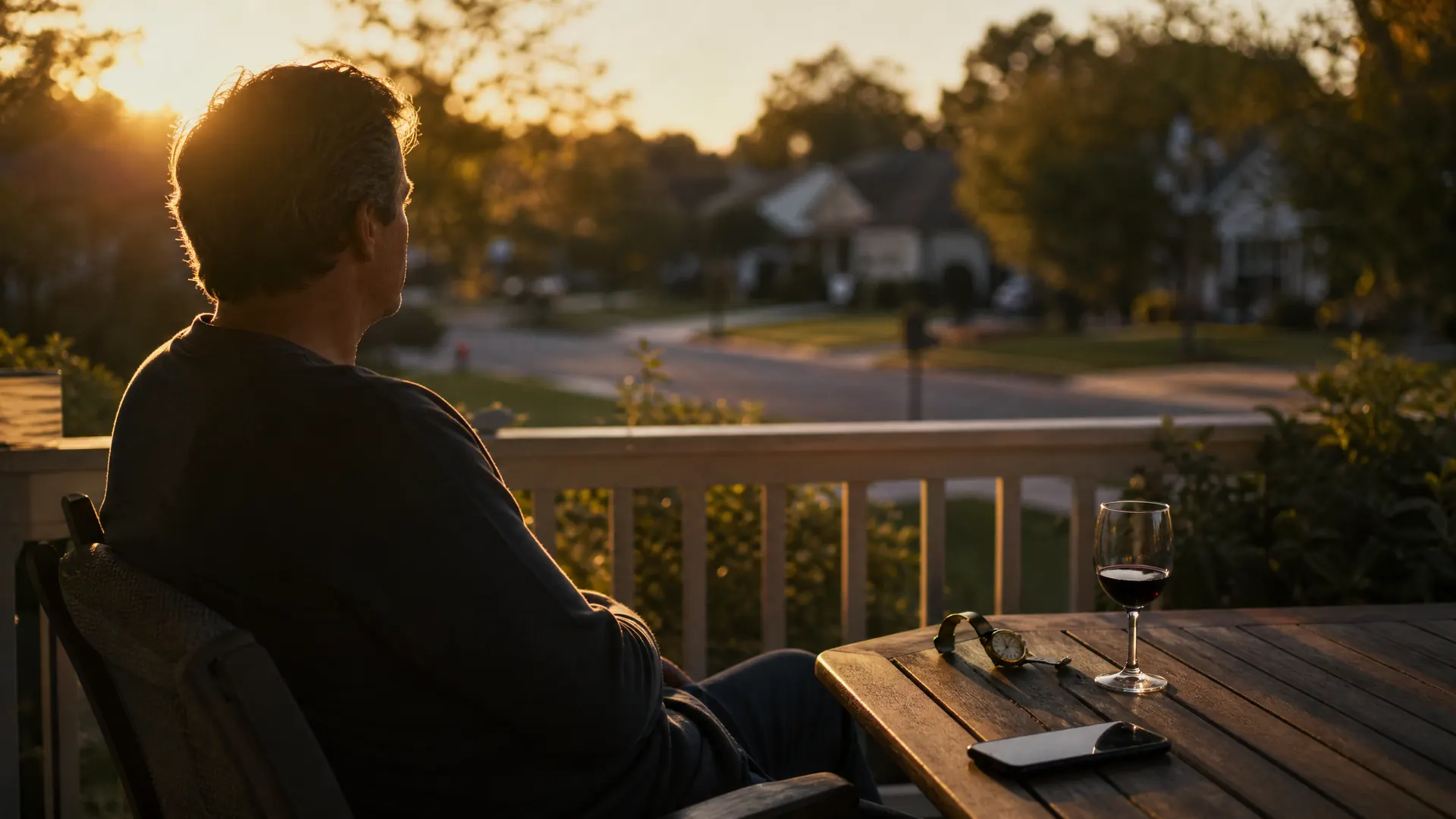 A man relaxing on a quiet suburban back porch at golden hour, with a watch, phone, and glass of wine left on the table beside him.